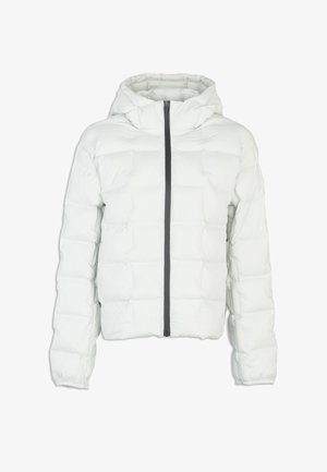 Weißer Steppjacke mit Kapuze, mit einem gesteppten Design, Front-Reißverschluss und dunkelgrau akzentuiertem Reißverschluss. Weiche Textur, taillierte Passform.