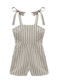 Gestreifter Overall in Beige und Schwarz, mit tailliertem Oberteil, verstellbaren Schleifen-Trägern und zwei vorderen Taschen. Leichte Stoffqualität mit glatter Textur.