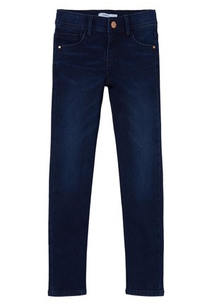 Jean slim bleu foncé avec poches avant, passants pour ceinture et fermeture par bouton.