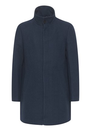 Tumes villane mantle kõrge kraega, nööbidiagonaaliga, kahe küljetaskuga ja sirge siluetiga; sile tekstuur ja minimalistlik disain.