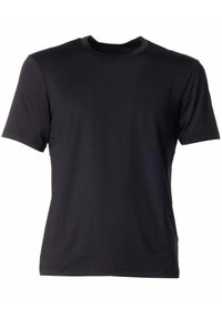 T-shirt nera a maniche corte realizzata in tessuto liscio, con scollatura rotonda e un design semplice e classico senza motivi o dettagli.