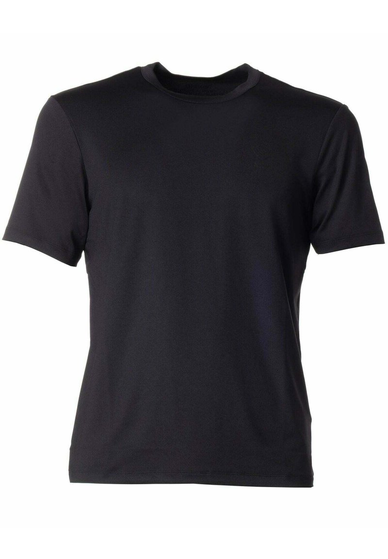 T-shirt nera a maniche corte realizzata in tessuto liscio, con scollatura rotonda e un design semplice e classico senza motivi o dettagli.