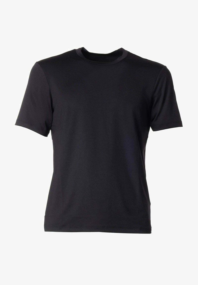 T-shirt nera a maniche corte realizzata in tessuto liscio, con scollatura rotonda e un design semplice e classico senza motivi o dettagli.