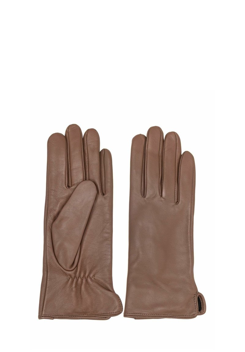 Brązowe skórzane rękawiczki o gładkiej fakturze, z czteropalczastym designem, marszczonym nadgarstkiem i dopasowaniem typu wsuwane.