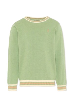 Maglione verde chiaro a maniche lunghe con polsini, orlo e scollatura a coste rigate crema e beige, con un piccolo logo ricamato sul petto.