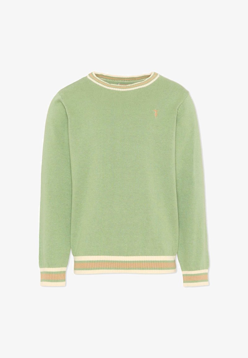 Pull en tricot vert clair à manches longues avec poignets, ourlet et col côtelés rayés crème et beige, avec un petit logo brodé sur la poitrine.