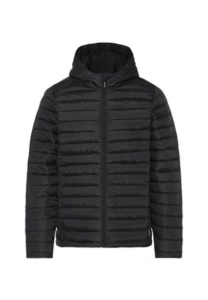 Giacca a vento nera con cappuccio, con design trapuntato, zip frontale completa e polsini elasticizzati. Tessuto liscio e materiale leggero.