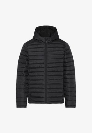 Giacca a vento nera con cappuccio, con design trapuntato, zip frontale completa e polsini elasticizzati. Tessuto liscio e materiale leggero.