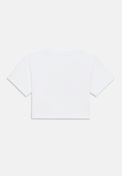 Απλό λευκό κοντομάνικο crop top μπλουζάκι, τοποθετημένο επίπεδα με την πλάτη προς τα πάνω, με στρογγυλή λαιμόκοψη σε λευκό φόντο.