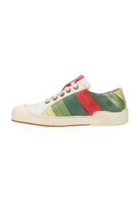 Multicolored sneaker with white, green, red, and yellow leather stripes, featuring a rounded toe, beige rubber sole, and stitched accents.