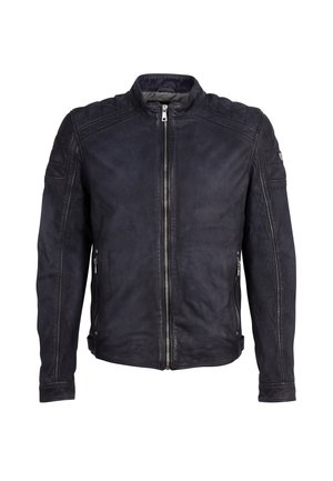 Giubbotto da motociclista in pelle nera con zip frontale, dettagli trapuntati sulle spalle, due tasche laterali e colletto rialzato. Texture liscia.