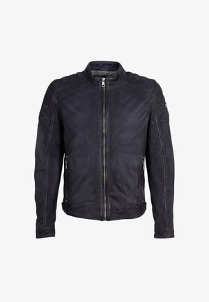 Giubbotto da motociclista in pelle nera con zip frontale, dettagli trapuntati sulle spalle, due tasche laterali e colletto rialzato. Texture liscia.