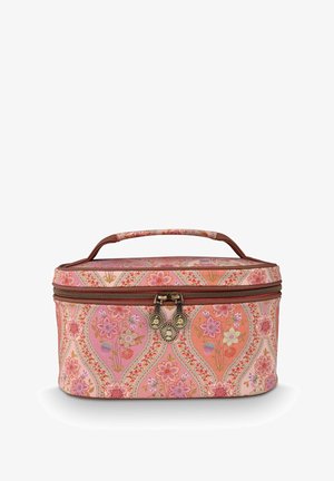 Rectangular floral-patterned pink and orange cosmetic bag with brown trim, double zipper with decorative pulls, and a fabric handle on top.