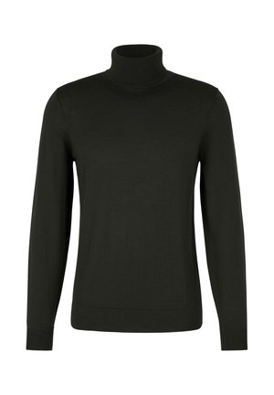 Dunkelgrüner Rollkragenpullover aus weichem, glattem Strickstoff. Verfügt über lange Ärmel sowie gerippte Bündchen und Kragen. Einfaches, minimalistisches Design.