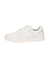 White leather sneaker with perforated toe, lace-up design, subtle stitching details, and a textured rubber sole. Low-profile silhouette.