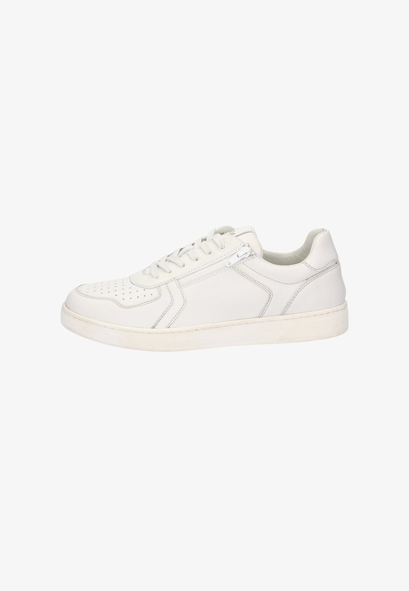 White leather sneaker with perforated toe, lace-up design, subtle stitching details, and a textured rubber sole. Low-profile silhouette.