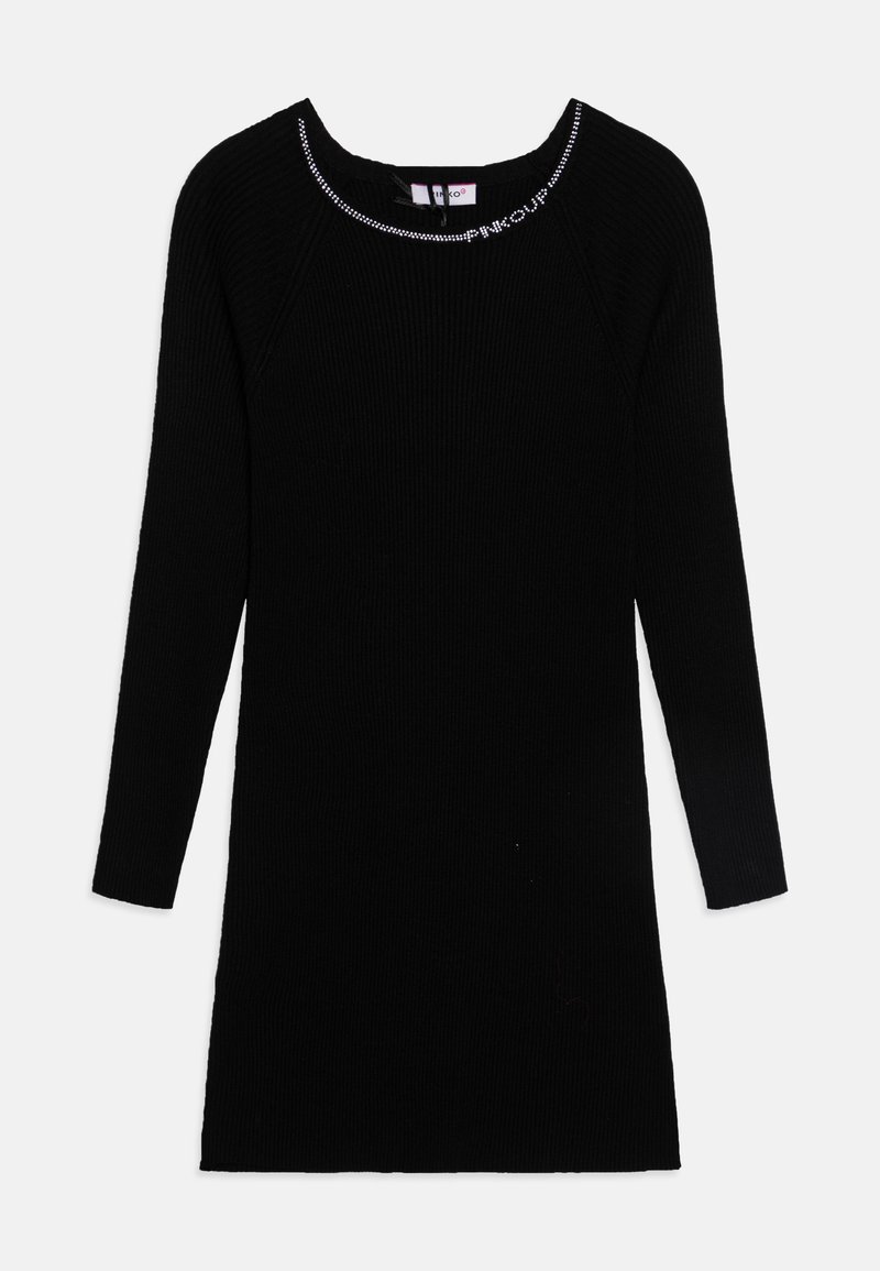 Musta ribbed neulemekko pitkillä hihoilla ja pyöreällä kaula-aukolla. Koristeltu strassikoristeilla kaula-aukossa.