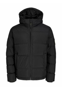 Černá péřová bunda s kapucí, vybavená zipem a prošívaným designem. Vyrobena z hladké, odolné látky s mírně lesklým povrchem.