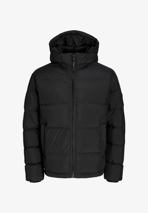 Geacă puffer neagră cu glugă, având fermoar și design quilted. Fabricată dintr-un material neted, durabil, cu un finisaj ușor lucios.