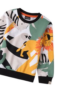 Felpa di cotone colorata con stampe di animali, prevalentemente arancione, verde e nera. Collo tondo nero con polsini e orlo a costine.