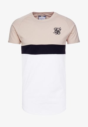 Men's short-sleeve T-shirt featuring a beige top, navy horizontal stripe, and white bottom. The shirt has a small embroidered logo on the chest.