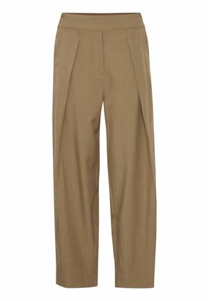 Beige tailored trousers with a high waist, pleat detailing, wide legs, and a smooth texture. Features a classic design suitable for versatile wear.
