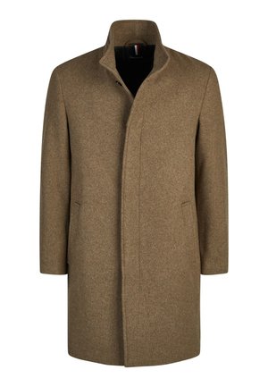 Brauner knielanger Wollmantel mit hohem Kragen und verdeckten Knöpfen vorne, mit seitlichen Taschen und einem schlanken, minimalistischen Design.