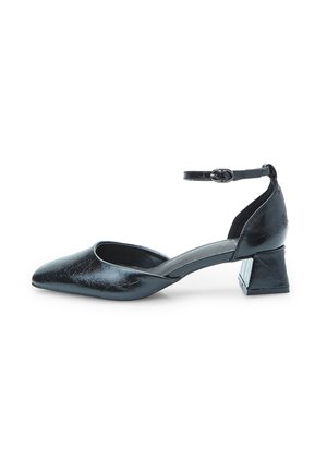 Black leather pump with a pointed toe, ankle strap, and low block heel. The upper features a crinkled texture.