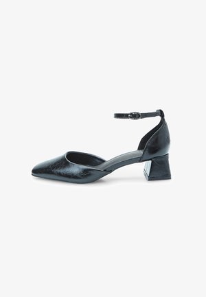 Black leather pump with a pointed toe, ankle strap, and low block heel. The upper features a crinkled texture.
