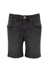 Svarte denimshorts med klassisk femlommersdesign, sølvfarget masker og en oppfrayed kant. Stoffet har en litt slitt tekstur.