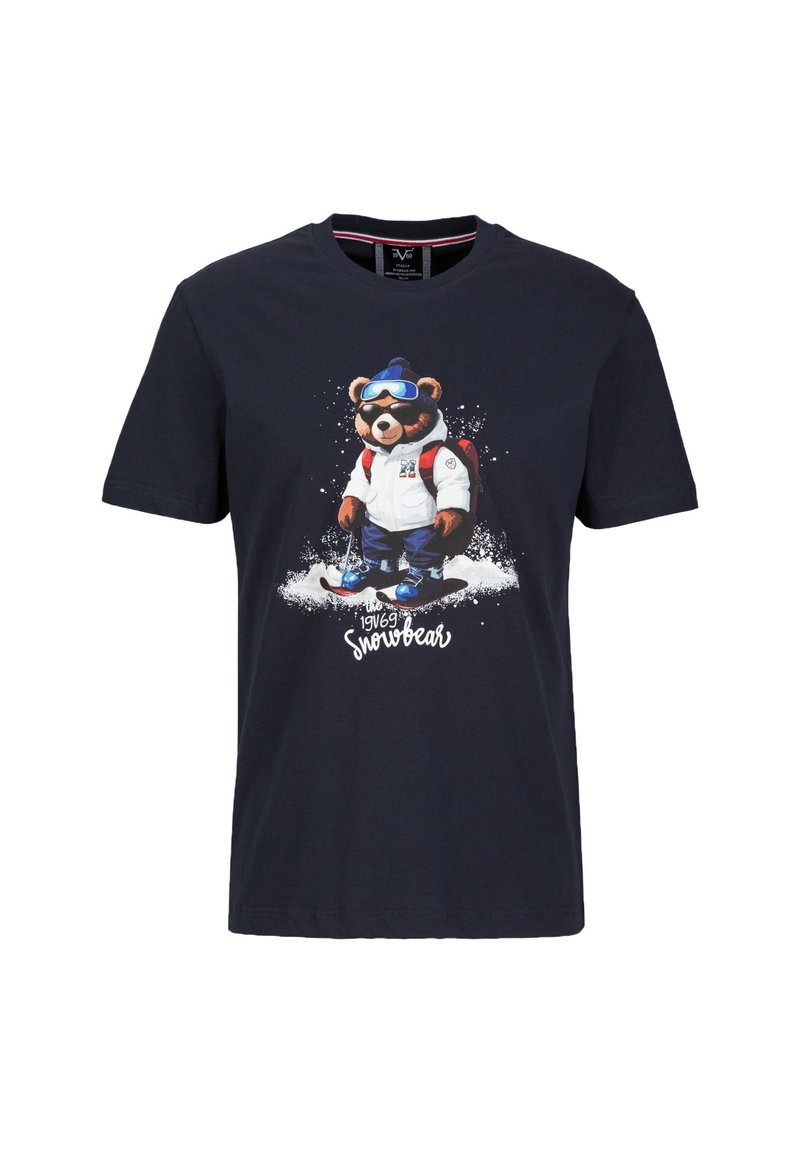 Navyblaue Baumwoll-T-Shirts mit einer Grafik eines Bären in Winterkleidung, Schnee und dem Text "der 1969 Snowbear" in Weiß. Kurzarm, Rundhalsausschnitt.