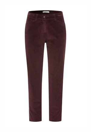 Burgunderfarbene Cordhosen im Slim-Fit-Stil, mit einem vorderen Knopf, Gürtelschlaufen und sichtbarer gerippter Textur. Knöchelhöhe.