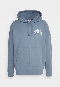 Světle modrá mikina s kapucí vyrobená z bavlny, s přední kapsou. Obsahuje stahovací kapuci a bílý logotyp "CHAMPION" na hrudi.