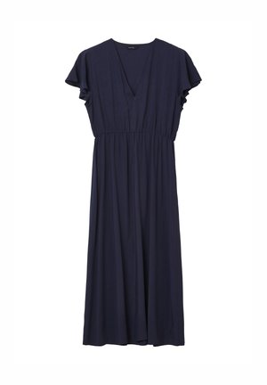 Navy blue midi dress with V-neck, short flutter sleeves, and cinched waist, made from lightweight flowing fabric.