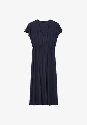 Navy blue midi dress with V-neck, short flutter sleeves, and cinched waist, made from lightweight flowing fabric.