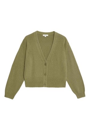 Olivkowy sweter dzianinowy z długimi rękawami, prążkowanymi mankietami i dołem, wycięciem w serek oraz trzema guzikami z przodu.