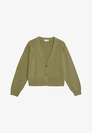 Cardigan lavorato a maglia verde oliva con maniche lunghe, polsini e orlo a coste, scollo a V e tre bottoni frontali.
