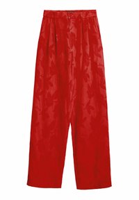 Rode geplisseerde broek van lichtgewicht stof, met een subtiel bladpatroon en een elastische tailleband met een knoopsluiting.