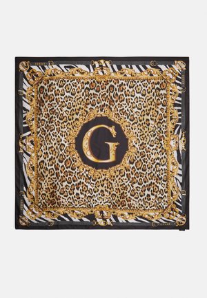 Quadratisches Tuch mit Leopardenmuster in der Mitte, goldverzierter Rahmen, schwarz-weiß gestreifter Zebrarand und einem großen goldenen Buchstaben "G" in der Mitte.