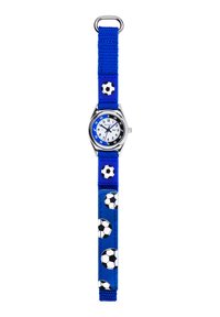 Orologio blu con cinturino a motivo calcistico, caratterizzato da una cassa rotonda in argento e un quadrante bianco con accenti blu, posizionato verticalmente.
