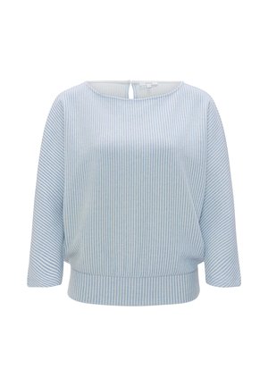 Lichtblauwe gestreepte blouse met een ronde halslijn en een sleutelgaatjeopening aan de achterkant. Heeft losse mouwen en een geraffineerde taille.