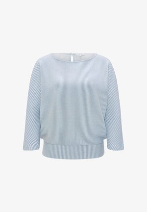 Lichtblauwe gestreepte blouse met een ronde halslijn en een sleutelgaatjeopening aan de achterkant. Heeft losse mouwen en een geraffineerde taille.