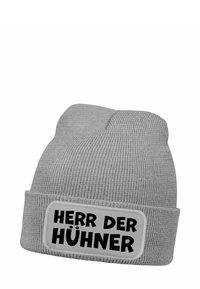 Gray beanie hat with a textured knit, featuring a white patch with bold black text reading "HERR DER HÜHNER" on the front.