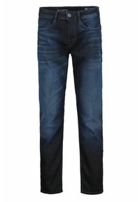 Jeans de mezclilla en un degradado azul oscuro, con un diseño clásico de cinco bolsillos, pasadores para cinturón y un cierre de botón en la cintura.