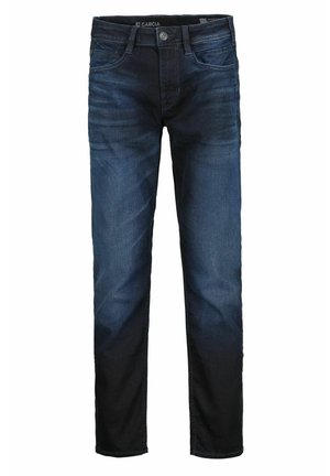 Jeans de mezclilla en un degradado azul oscuro, con un diseño clásico de cinco bolsillos, pasadores para cinturón y un cierre de botón en la cintura.