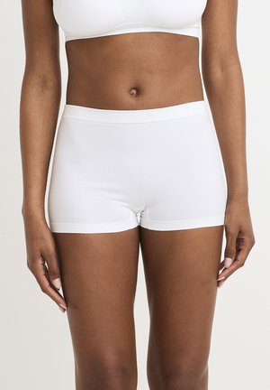 White cotton blend hipster shorts with a smooth texture, elastic waistband, and a minimalist design. Suitable for everyday wear.