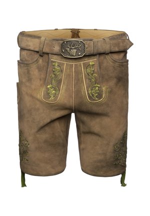 Traditionelle braune Wildleder-Lederhosen-Shorts mit grüner Blumenstickerei und einem Gürtel, der eine Schnalle mit einem Hirschdesign hat.