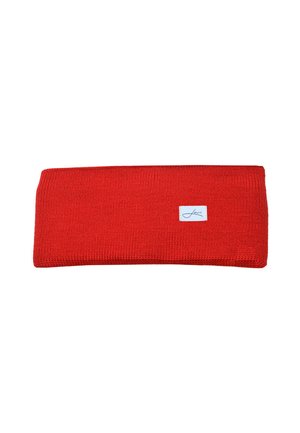 Rotes gestricktes Haarband mit glatter Textur. Verfügt über ein kleines weißes Logoetikett. Rechteckige Form, geeignet als Kopfbedeckung.