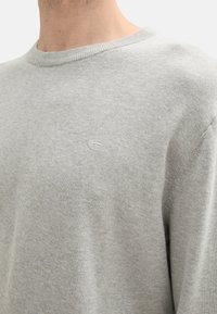 Jasnoszary sweter wykonany z miękkiej dzianiny, z okrągłym dekoltem i dyskretnym logo na piersi. Gładka tekstura i luźny krój.