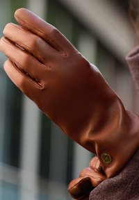 Brauner Lederhandschuh mit glatter Textur, ausgestattet mit einem dekorativen Emblem am Handgelenk und einem angepassten Design für Komfort und Wärme.